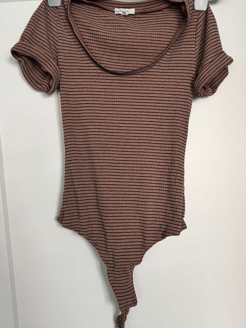 MARINA Brown and Black Striped Ribbed Scoop-Neck Bodysuit